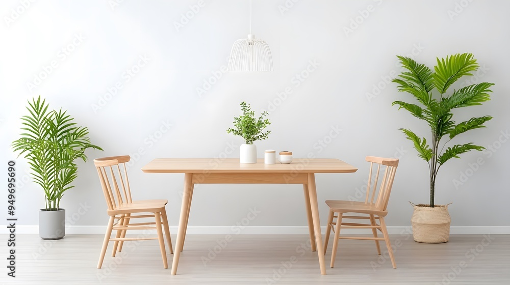 Minimalist dining area with a wooden table and Scandinavian-style chairs Minimalist dining area with a wooden table and Scandinavian-style chairs