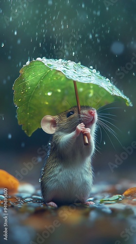 A Mouse Sheltering From the Rain Under a Leaf
