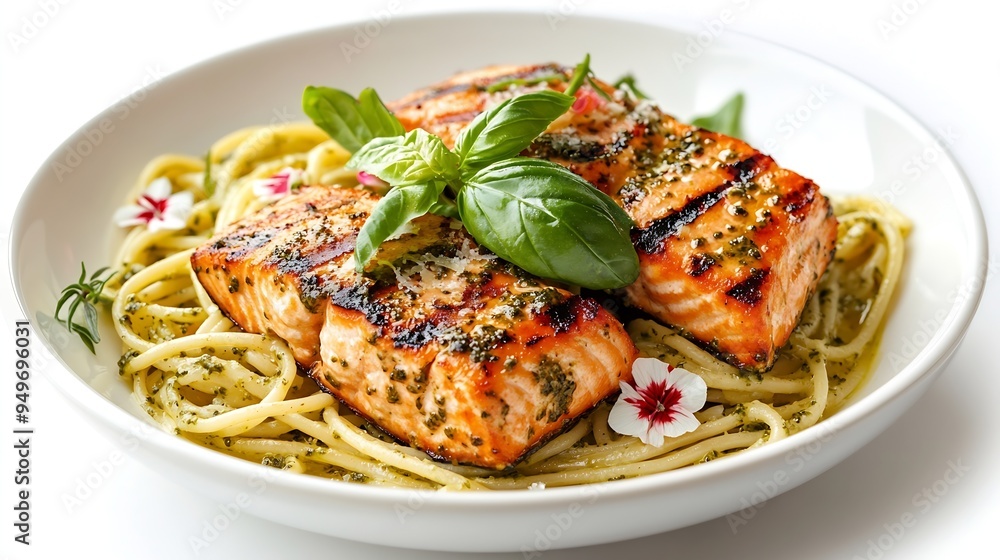 Top view of Spaghetti Pesto Sauce with grilled salmon beautifully decorated with flowers in white dish isolated on white background Spaghetti with Italian Basil as the main ingredient : Generative AI Top view of Spaghetti Pesto Sauce with grilled salmon beautifully decorated with flowers in white dish isolated on white background Spaghetti with Italian Basil as the main ingredient : Generative AI
