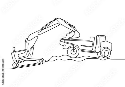 Continuous line drawing of a construction scene with loader and dump truck illustration