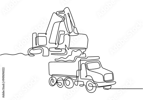 Minimalist continuous line illustration of loader and dump truck construction vehicles