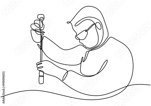 Minimalist vector art of a scientist with chemical bottles and reactions in continuous line style