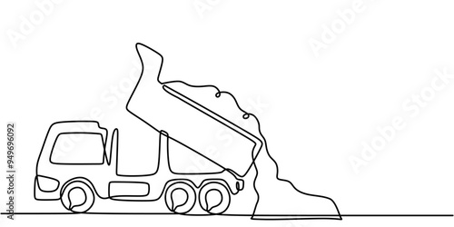 Minimalist one line vector illustration of a dump truck construction vehicle design