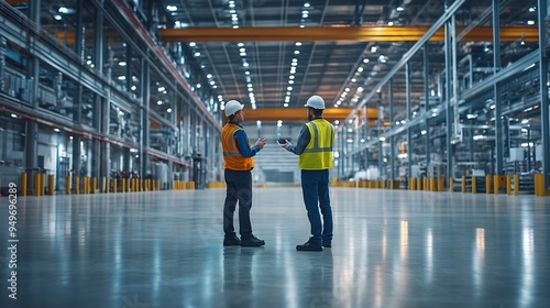 Two Engineers Talking Standing in the Middle of an Empty Warehouse Inspecting Planning Future Factory Layout Professionals Industrial Designers Strategizing about New Manufacturing Pla : Generative AI photo