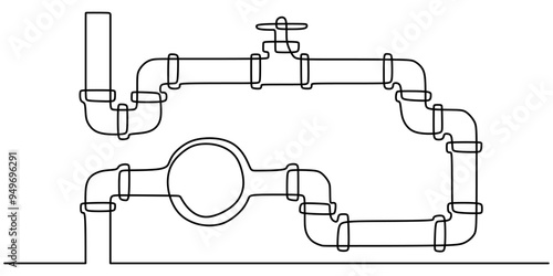 One line vector illustration of intricate industrial piping with a valve in minimalist design