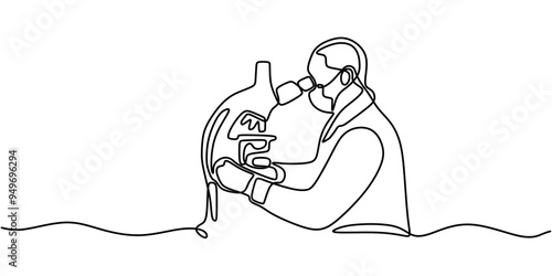 One line vector illustration of a scientist using a microscope for research