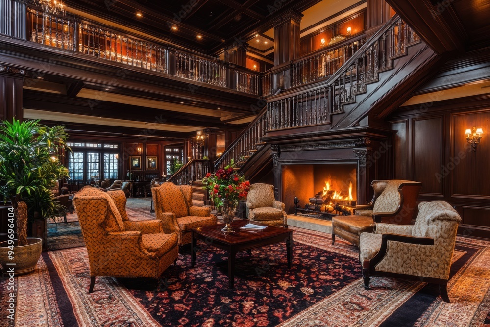 Cozy and elegant lobby with a fireplace, seating, and a grand staircase. Cozy and elegant lobby with a fireplace, seating, and a grand staircase.