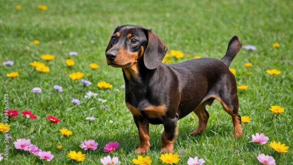 Chocolate and tan smooth haired dachshund dog in flower field Chocolate and tan smooth haired dachshund dog in flower field