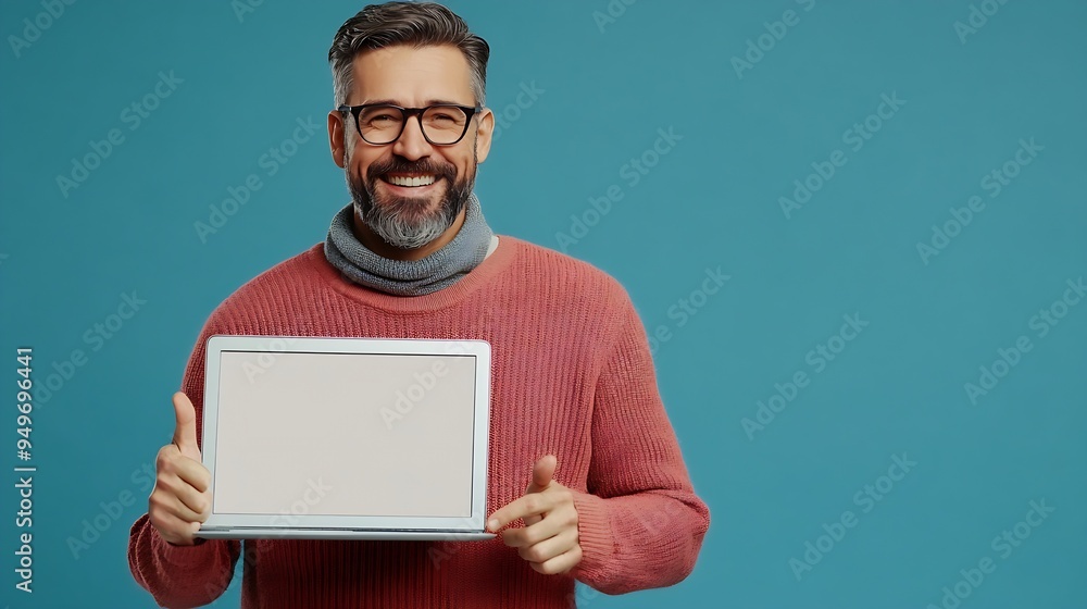 New website Happy mature caucasian man holding laptop with blank screen and pointing at monitor standing on blue studio background mockup copy space : Generative AI New website Happy mature caucasian man holding laptop with blank screen and pointing at monitor standing on blue studio background mockup copy space : Generative AI