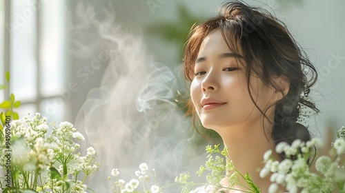 A serene shot of an Asian model using a herbal steam facial, steam rising around her, surrounded by fresh herbal ingredients, soft lighting, clean and simple background, photo