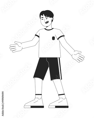 Asian boy wearing soccer sports uniform black and white 2D line character. Primary school athlete. Little schoolboy footballer player isolated vector outline person. Monochromatic spot illustration