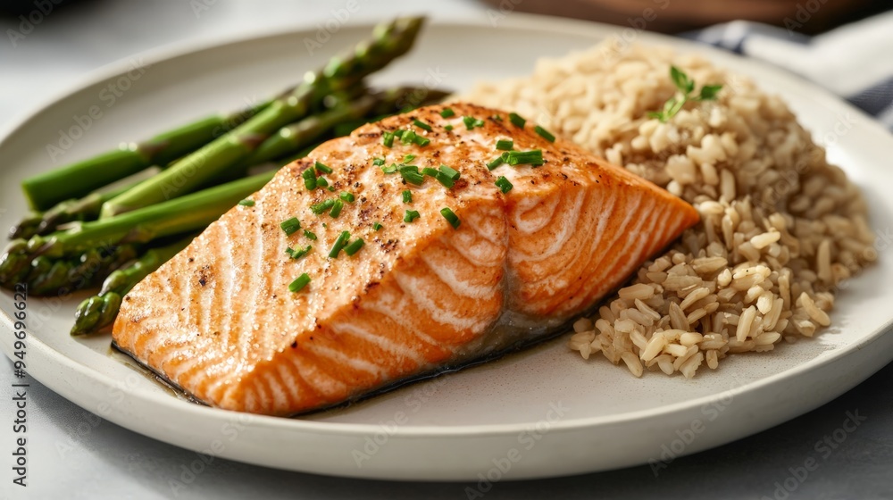 Delicious grilled salmon fillet served with brown rice and asparagus on a white plate, garnished with fresh herbs. Delicious grilled salmon fillet served with brown rice and asparagus on a white plate, garnished with fresh herbs.