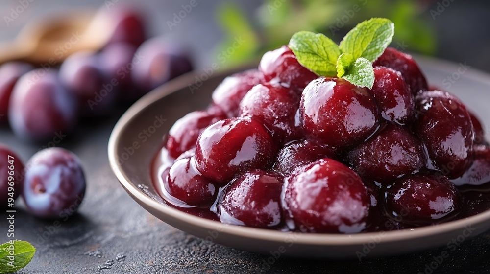Delicious iced plum sauce on a plate on the table top : Generative AI Delicious iced plum sauce on a plate on the table top : Generative AI