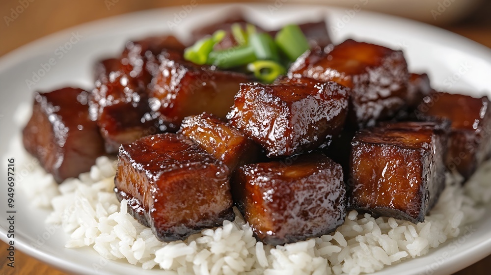 Chinese traditional cuisine sticky braised pork belly with rice on white plate : Generative AI Chinese traditional cuisine sticky braised pork belly with rice on white plate : Generative AI