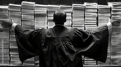 Individual Struggling to Fit into Graduation Gown Surrounded by Forms photo