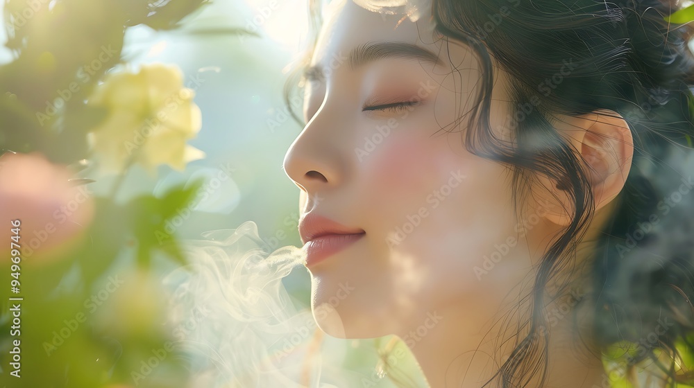 Fototapeta premium A serene shot of an Asian model with herbal steam enveloping her face, surrounded by fresh herbal ingredients, soft lighting, clean background, emphasizing the natural and calming skincare experience,