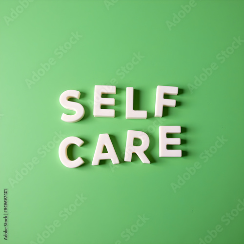 the word self care spelled with white letters on a green background