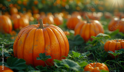 Vibrant orange pumpkins in a sunny patch during harvest season. Orange pumpkins dot the lush green field under a warm sun