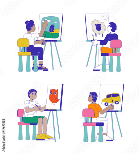 Diverse preteen children painting canvas with easel 2D cartoon characters set. Schoolkids artists isolated people flat vector on white background. Art studio classes spot illustrations collection