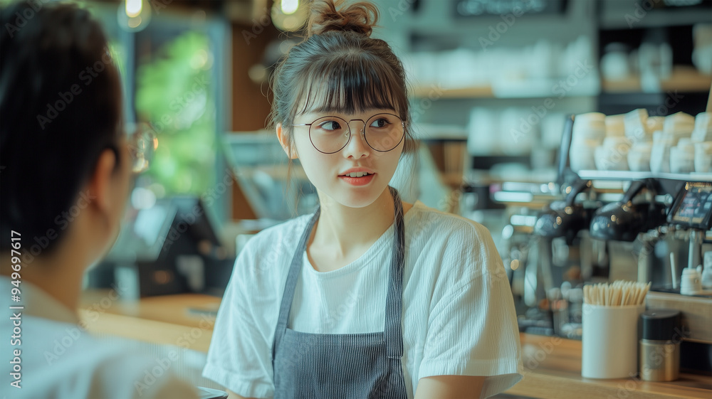 カフェで注文を受ける女性 カフェで注文を受ける女性
