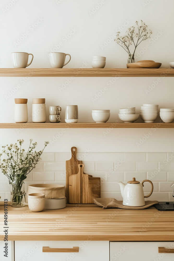 kitchenware counters, walls, and shelves with a modern Japandi minimal style, emphasizing a clean and light serene aesthetic: kitchenware counters, walls, and shelves with a modern Japandi minimal style, emphasizing a clean and light serene aesthetic: