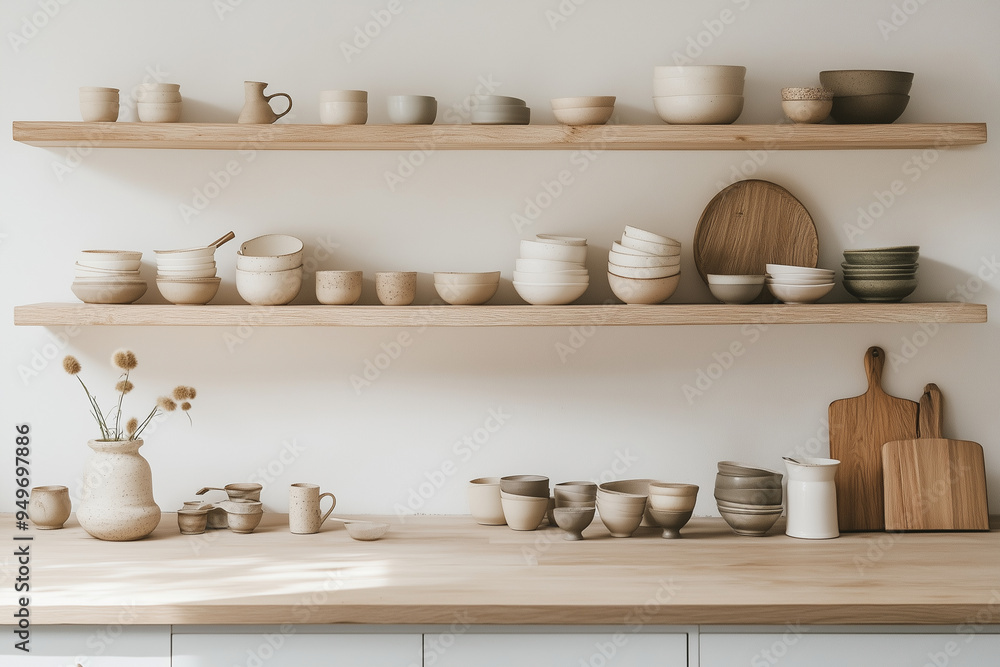 kitchenware counters, walls, and shelves with a modern Japandi minimal style, emphasizing a clean and light serene aesthetic: kitchenware counters, walls, and shelves with a modern Japandi minimal style, emphasizing a clean and light serene aesthetic: