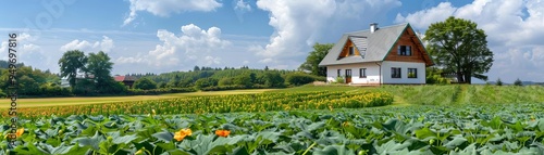 Cozy farmhouse surrounded by green fields, vibrant flowers, and a peaceful sky, rustic home, serene rural environment