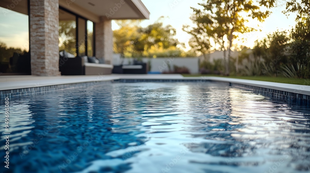 Fototapeta premium Backyard outdoor swimming pool behind new luxury home : Generative AI