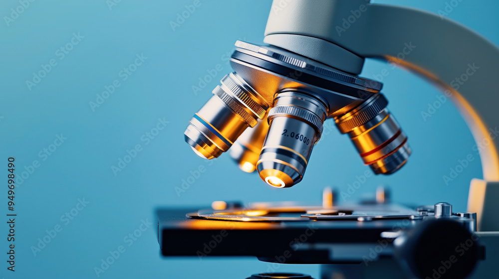 Close-up view of a laboratory microscope with illuminated and focused objective lenses against a blue background. Close-up view of a laboratory microscope with illuminated and focused objective lenses against a blue background.