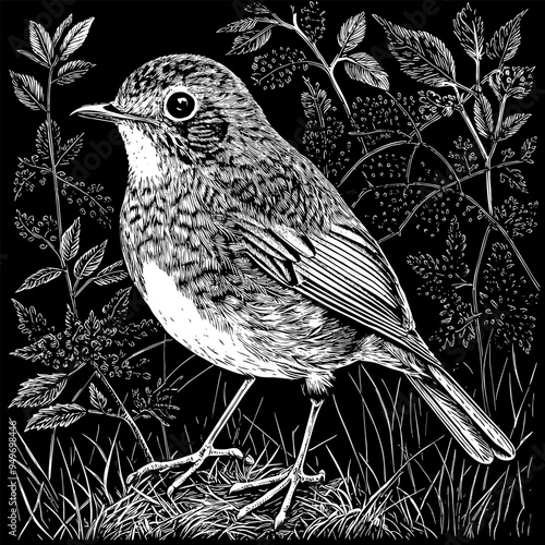 Detailed black and white illustration of a robin bird standing on grass. White engraving on a black background, intricate line work highlights the bird's feathers, wings, and tail.