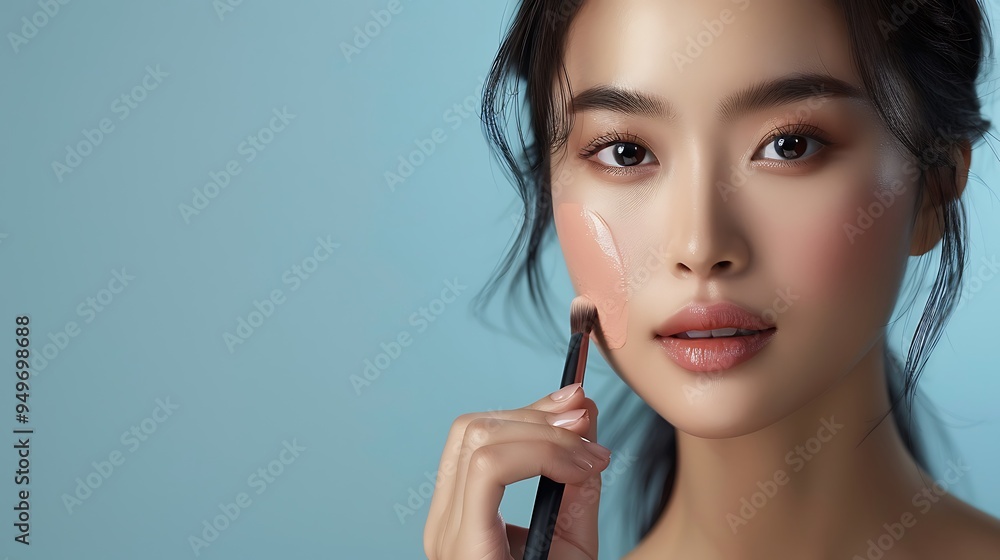 An Asian model applying foundation with a brush, her skin glowing and flawless, soft studio lighting, minimalist background, hd quality, emphasizing radiant and smooth complexion, beauty shot. An Asian model applying foundation with a brush, her skin glowing and flawless, soft studio lighting, minimalist background, hd quality, emphasizing radiant and smooth complexion, beauty shot.