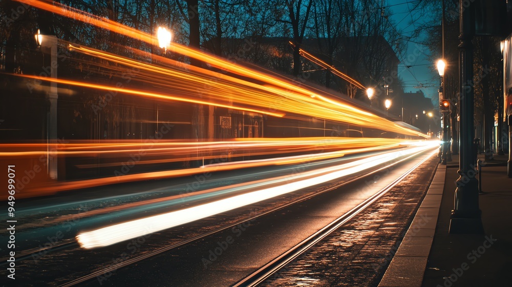 A dynamic night scene featuring light trails from a moving tram, illuminating the urban landscape with vibrant colors. A dynamic night scene featuring light trails from a moving tram, illuminating the urban landscape with vibrant colors.