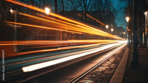 A dynamic night scene featuring light trails from a moving tram, illuminating the urban landscape with vibrant colors.