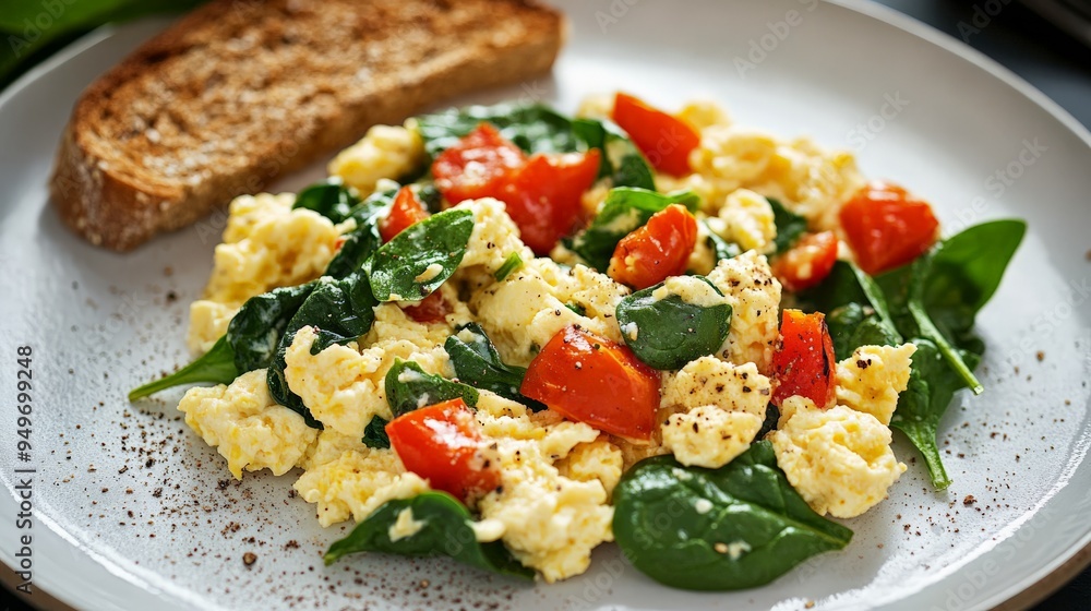 Delicious scrambled eggs with fresh spinach and cherry tomatoes served with a slice of toasted whole grain bread on a white plate. Delicious scrambled eggs with fresh spinach and cherry tomatoes served with a slice of toasted whole grain bread on a white plate.