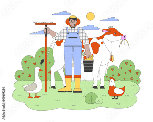 Arab man farmer with rake and animals cartoon flat illustration. Positive male working at husbandry 2D character isolated on white background. Countryside lifestyle scene vector color image