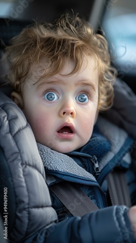 A surprised young child with curly blonde hair. AI.