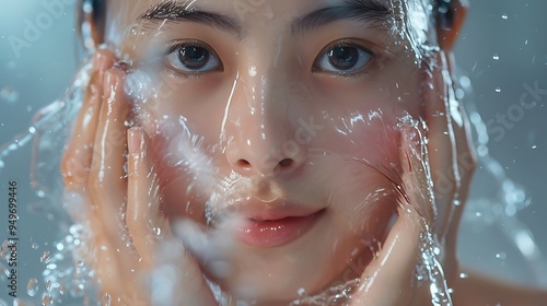 An Asian model cleansing her face with water splashing dynamically, serene morning atmosphere, gentle natural light, minimalist bathroom setting, capturing the essence of a fresh morning routine,