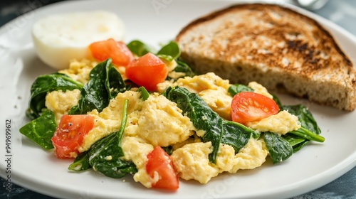 Delicious scrambled eggs with fresh spinach and tomatoes, served with a slice of toasted bread on a white plate.