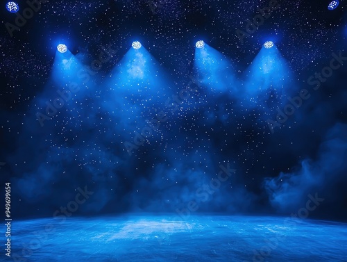 Stage lights in the shape of celestial bodies, starry night backdrop, cool blue tones, serene and mystical mood