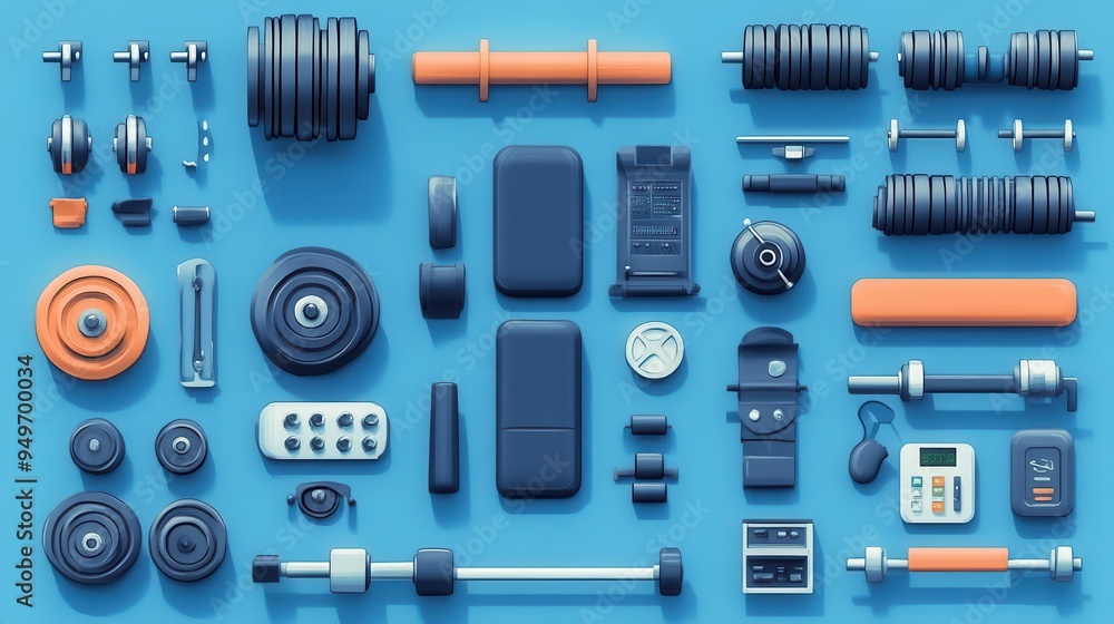 Fitness equipment flat design top view gym cartoon drawing Splitcomplementary color scheme Fitness equipment flat design top view gym cartoon drawing Splitcomplementary color scheme