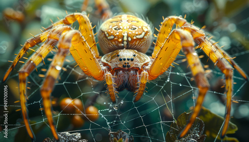 Golden spider weaving its intricate web in a lush garden setting. A vibrant golden spider carefully constructs its delicate web among foliage