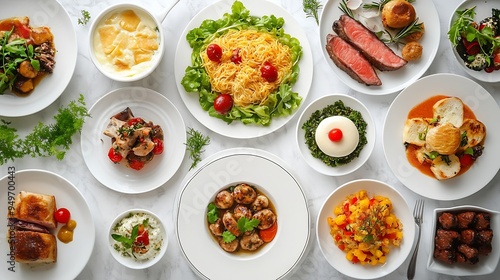 Overhead view of a variety of gourmet dishes served on a white table in restaurant : Generative AI