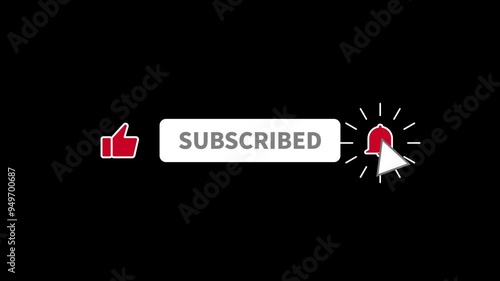 Animation of a like, subscribe and notification for youtube channel, alpha channel. White border. Animation of clicks.
