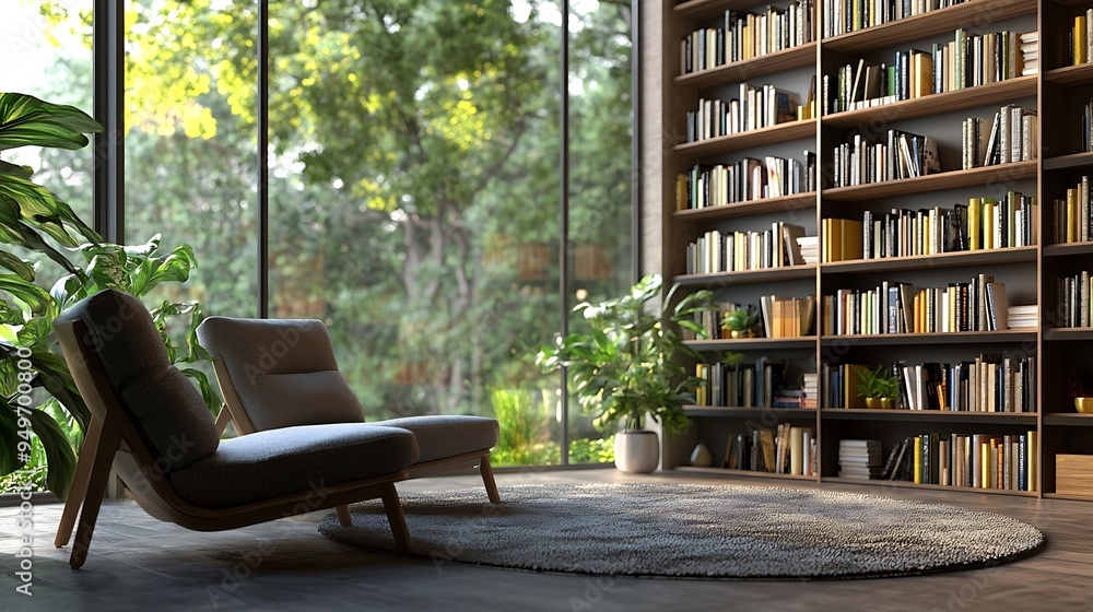 Modern Home Library with Designer Chairs 3d render : Generative AI