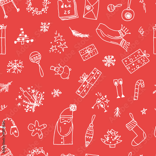 Happy new year. Seamless pattern of outline сhristmas decorations. Template for Notebook covers, pattern for wallpapers, textile, wrapping paper. Doodle vector illustration. Childish naive art style