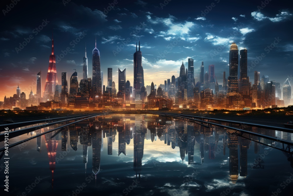 Fototapeta premium The bright lights of a cityscape viewed from a high vantage point