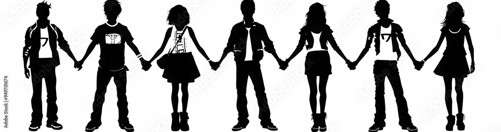 A diverse group of young friends holding hands in silhouette, symbolizing unity. A diverse group of young friends holding hands in silhouette, symbolizing unity.