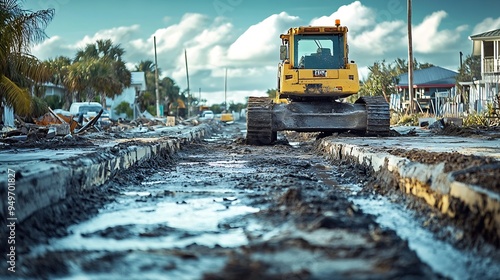 Repair of destroyed bridge after hurricane flood in Florida Reconstruction of damaged road after flooding water washed away asphalt Construction equipment at roadwork site : Generative AI photo