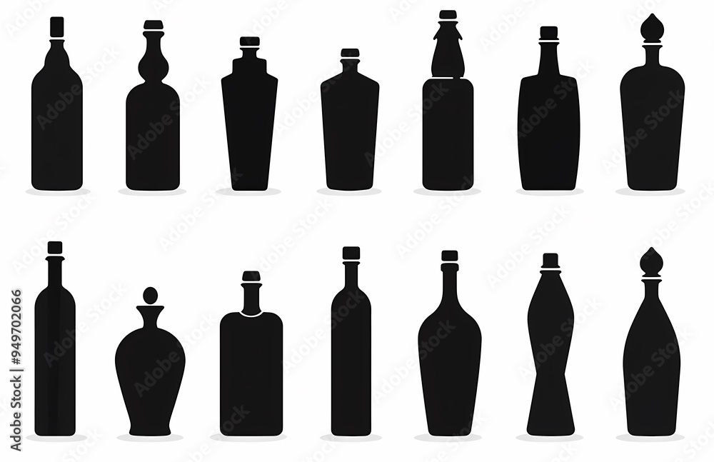 Silhouettes of various bottle shapes in black against a light background. Silhouettes of various bottle shapes in black against a light background.