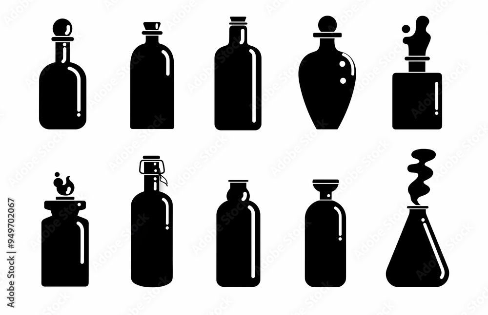 Silhouette collection of various bottle shapes and designs on a white background. Silhouette collection of various bottle shapes and designs on a white background.